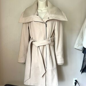 Express Wool Blend Coat- Belted Funnel Collar - Beige Neutral - Small